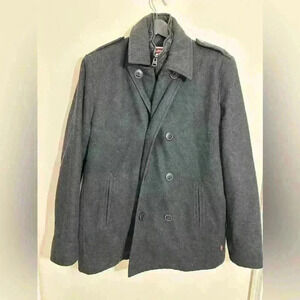 Levis Pea Coat Men's Black Wool Double Breasted Insulated Quilted Size XL